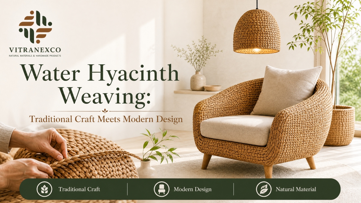 Traditional Vietnamese water hyacinth weaving craft in modern home decor banner