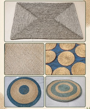 Natural seagrass mats, area rugs, and wall decor in modern living room