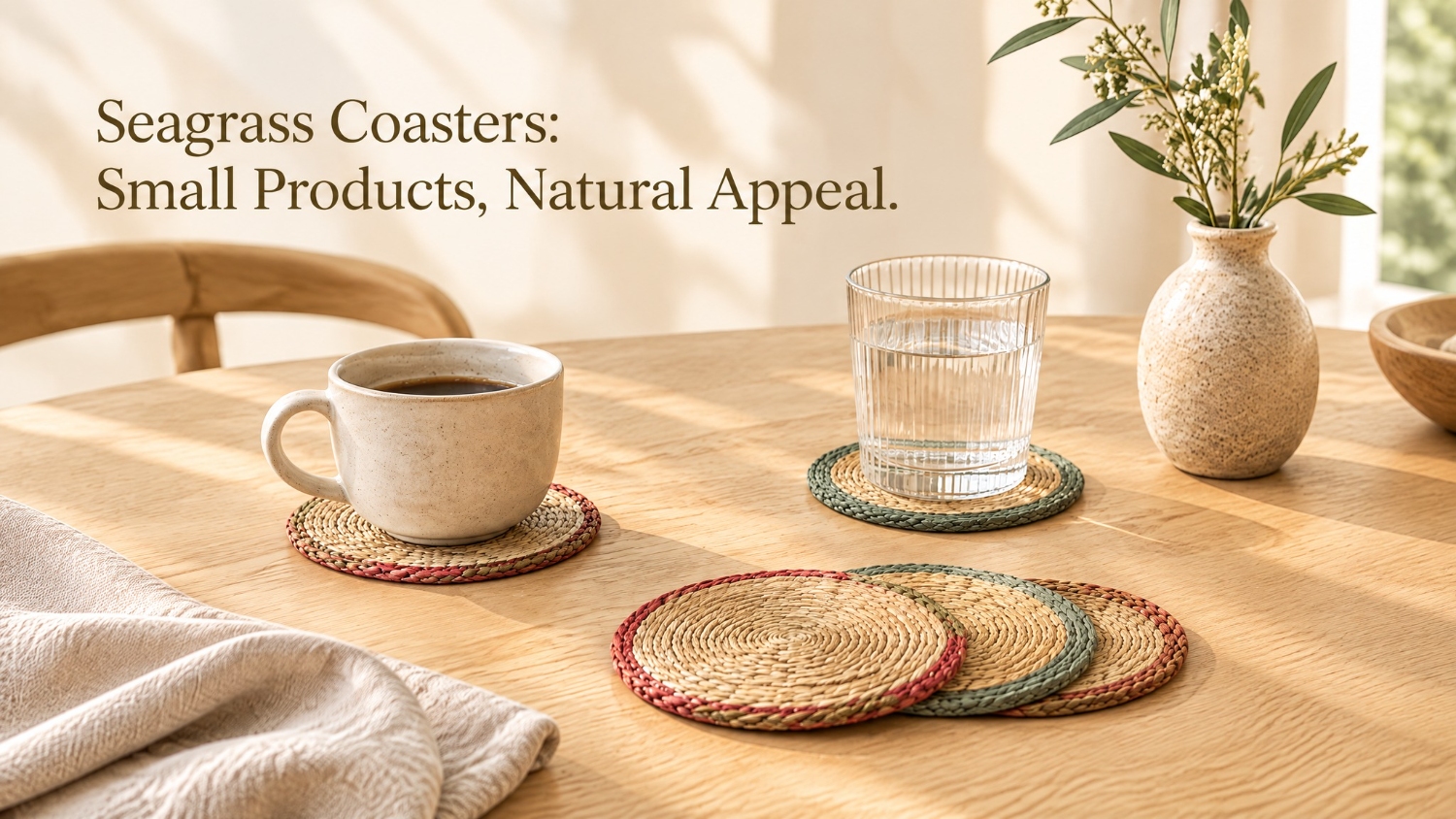 Handwoven natural Vietnamese seagrass coasters on rustic dining table banner