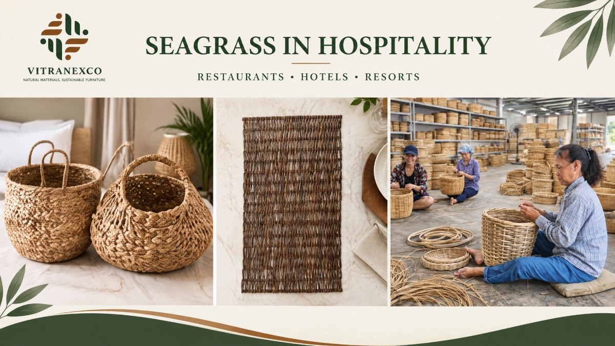 Natural Vietnamese seagrass products for hospitality, dining, and interior decor banner
