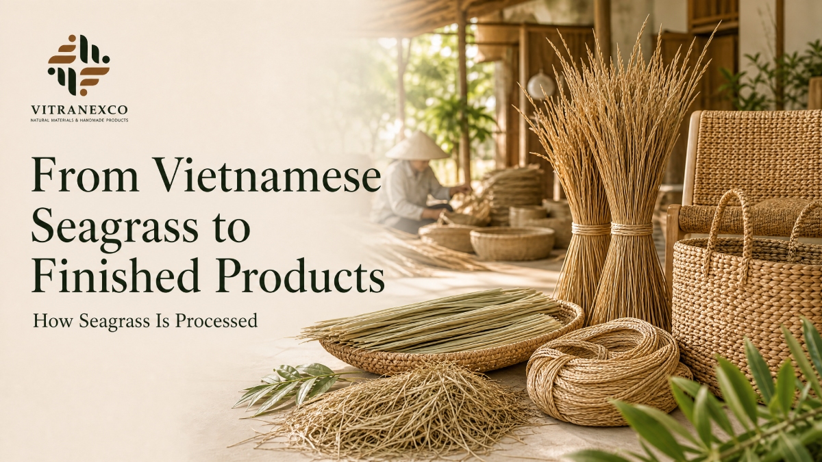 Step-by-step processing of natural Vietnamese seagrass from fiber to woven decor banner