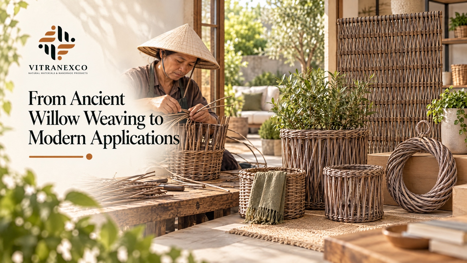 The history of human discovery and ancient usage of willow branches for basketry and modern decor banner