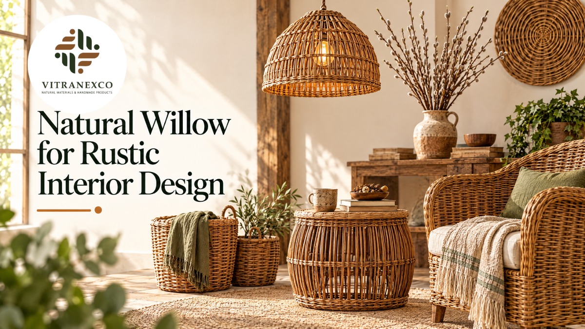 Natural unpeeled Vietnamese willow branches and handcrafted willow products for rustic interiors and outdoor spaces
