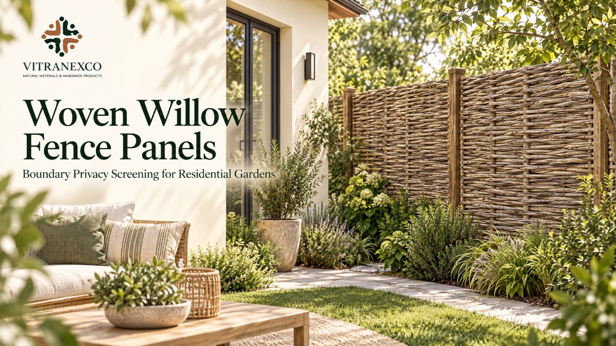 Natural Vietnamese woven willow fence panels for garden boundary privacy screening and landscaping banner
